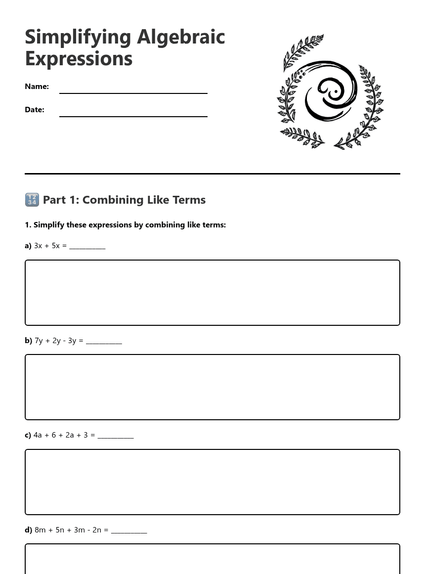Simplifying Algebraic Expressions worksheet preview