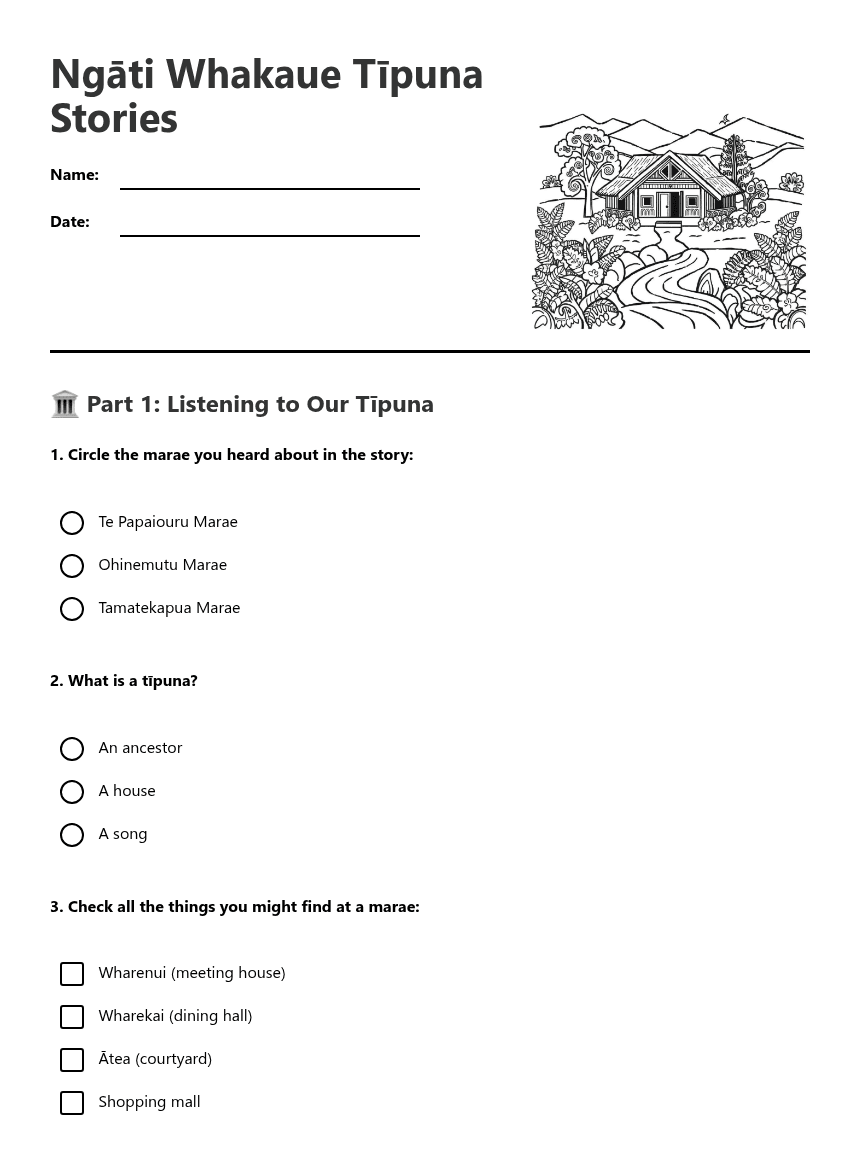 Ngāti Whakaue Tīpuna Stories worksheet preview