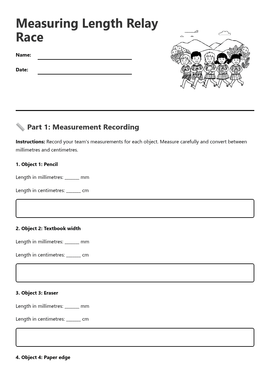 Measuring Length Relay Race worksheet preview