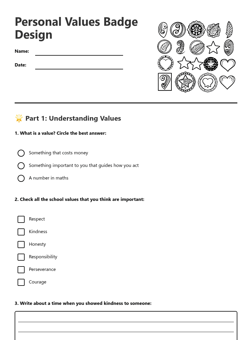 Personal Values Badge Design worksheet preview