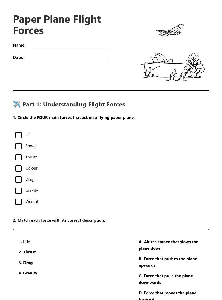 Paper Plane Flight Forces worksheet preview