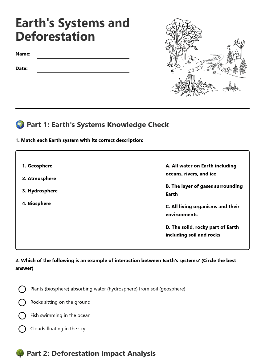 Earth's Systems and Deforestation worksheet preview