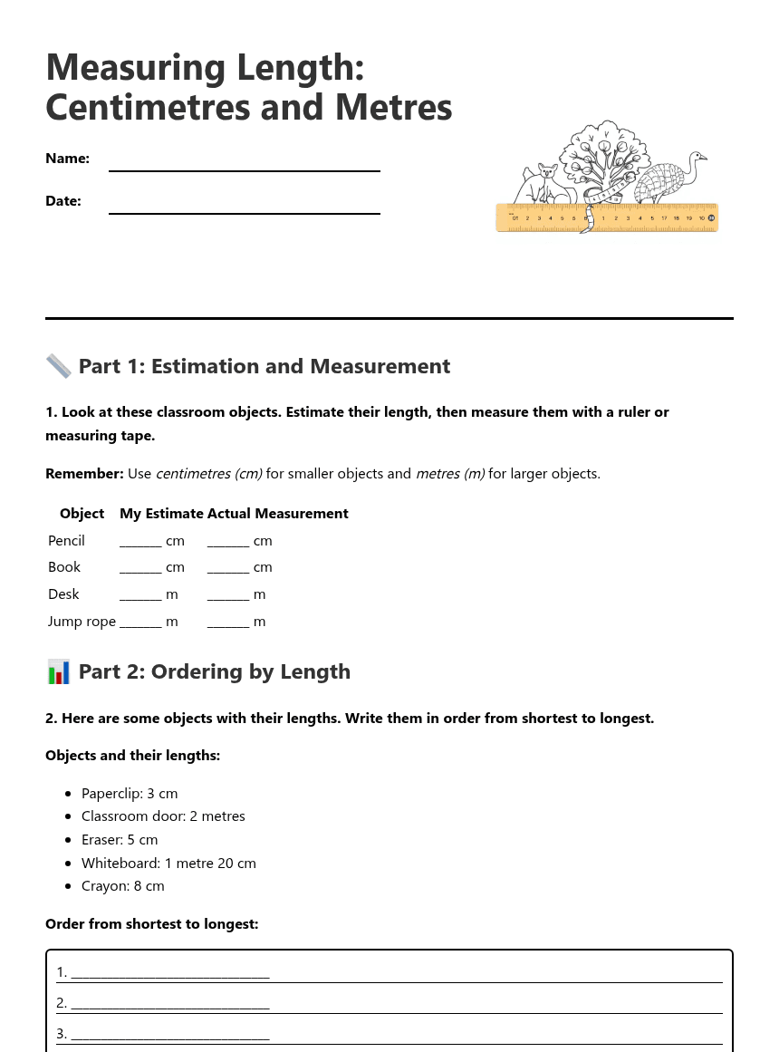 Measuring Length: Centimetres and Metres worksheet preview