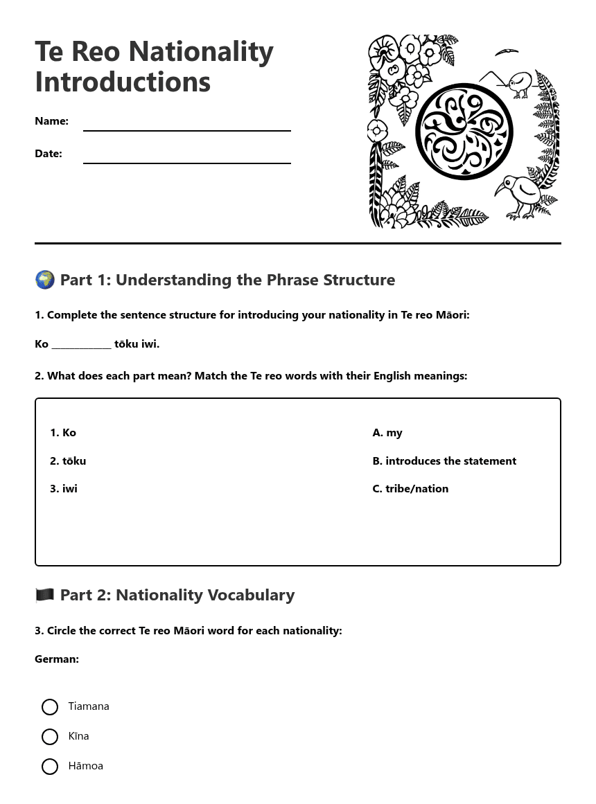 Te Reo Nationality Introductions worksheet preview