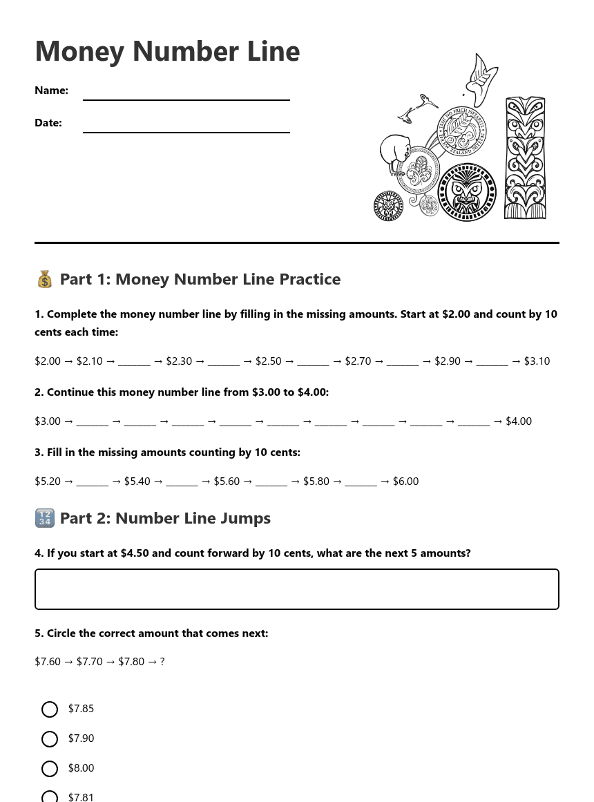 Money Number Line worksheet preview