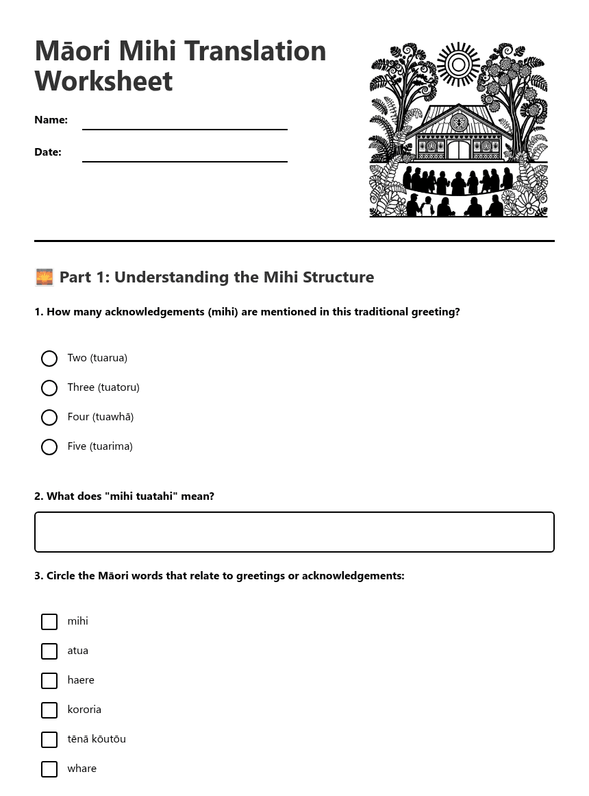 Māori Mihi Translation Worksheet worksheet preview