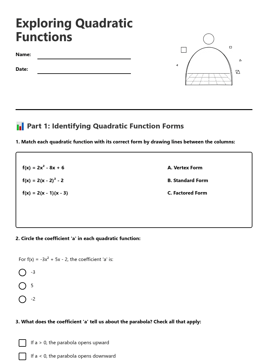 Exploring Quadratic Functions worksheet preview