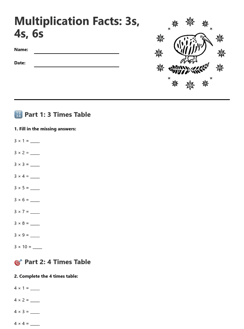 Multiplication Facts: 3s, 4s, 6s