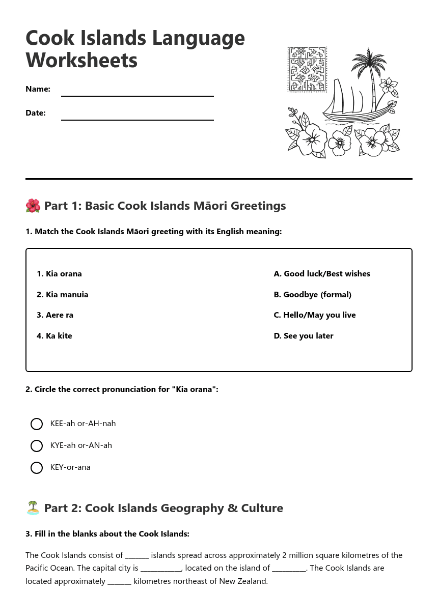 Cook Islands Language Worksheets worksheet preview