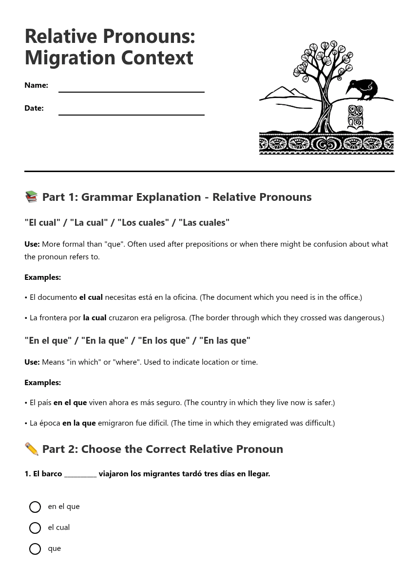Relative Pronouns: Migration Context worksheet preview