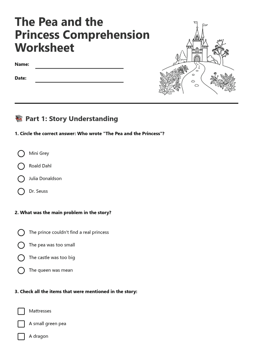 Pea Princess Comprehension Worksheet