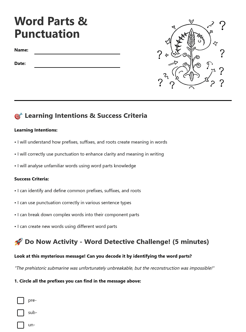 Word Parts & Punctuation worksheet preview