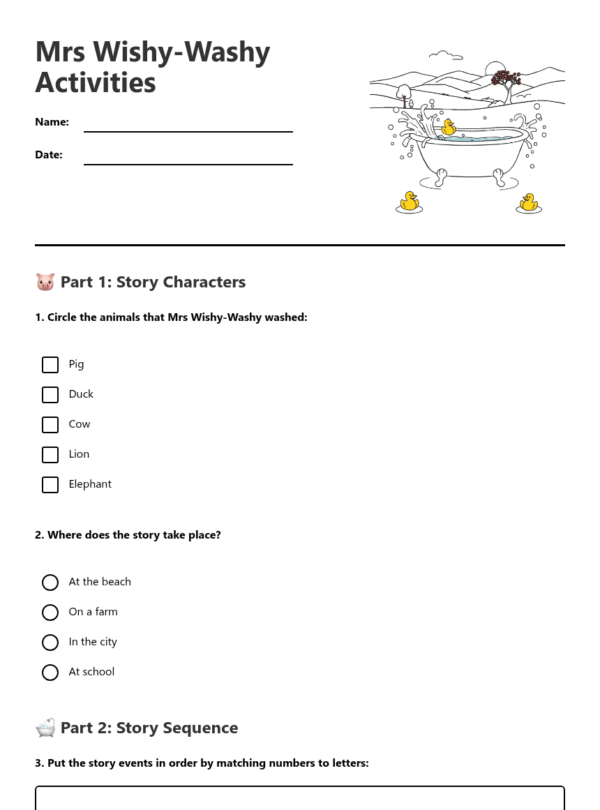 Mrs Wishy-Washy Activities worksheet preview