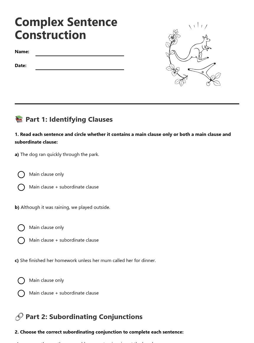 Complex Sentence Construction worksheet preview