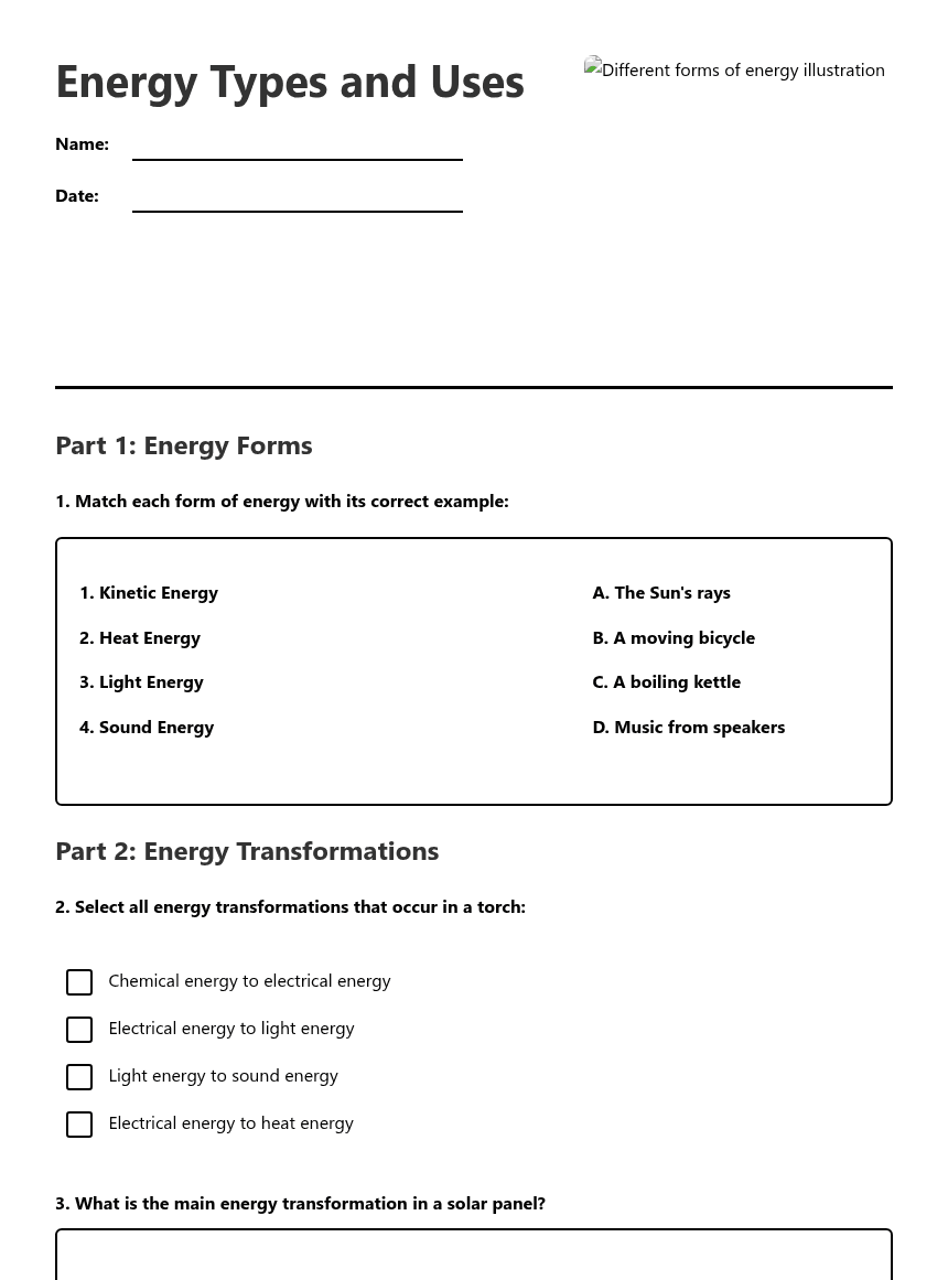 Energy Types and Uses worksheet preview