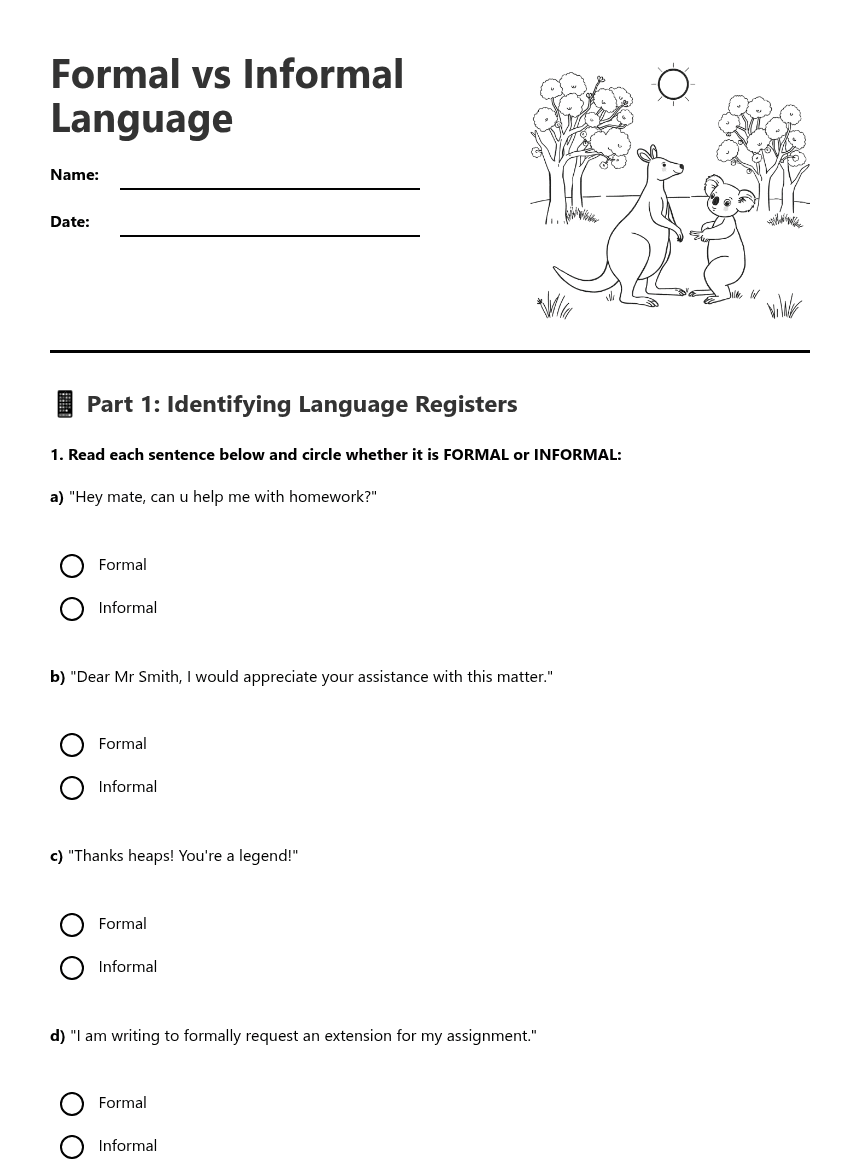 Formal vs Informal Language worksheet preview