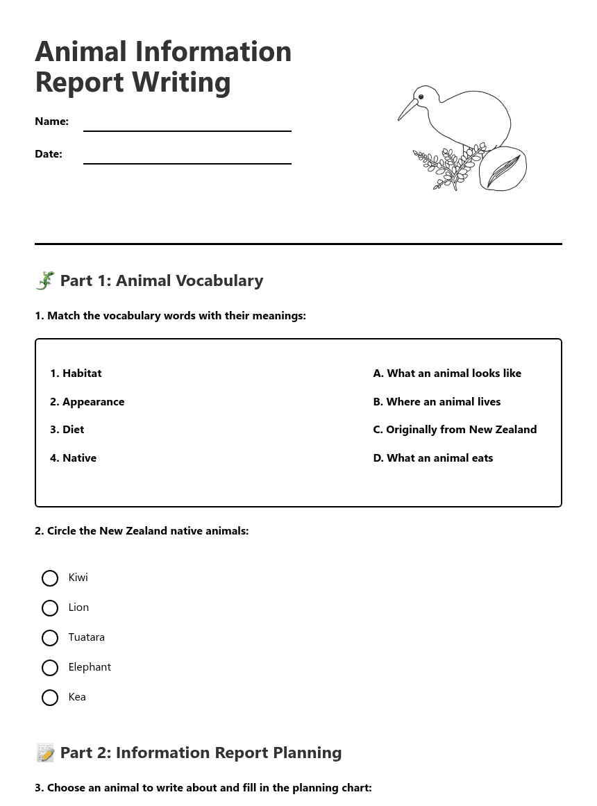 Animal Information Report Writing worksheet preview