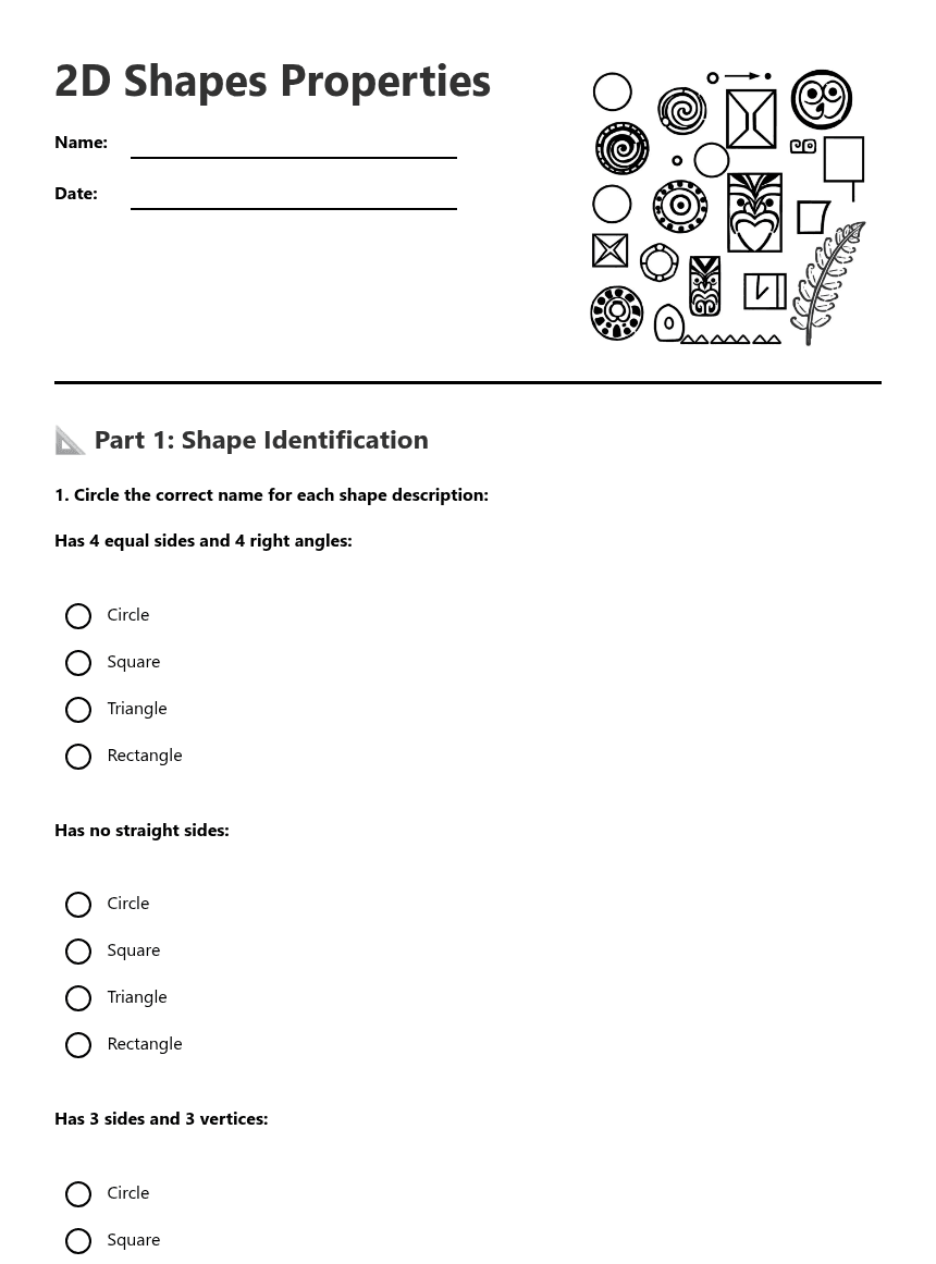 2D Shapes Properties worksheet preview