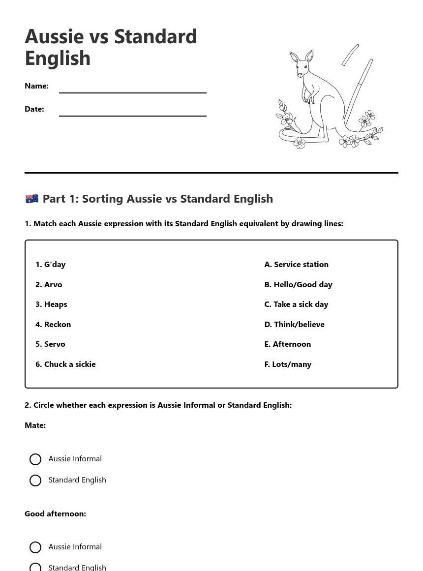 Aussie vs Standard English worksheet preview