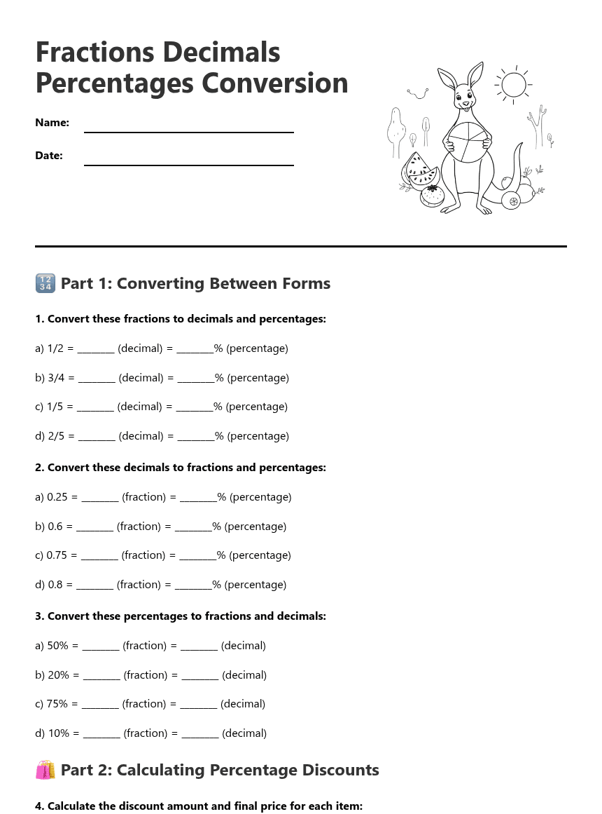 Fractions Decimals Percentages Conversion worksheet preview