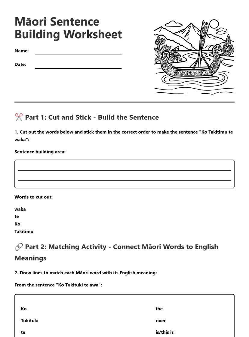 Māori Sentence Building Worksheet