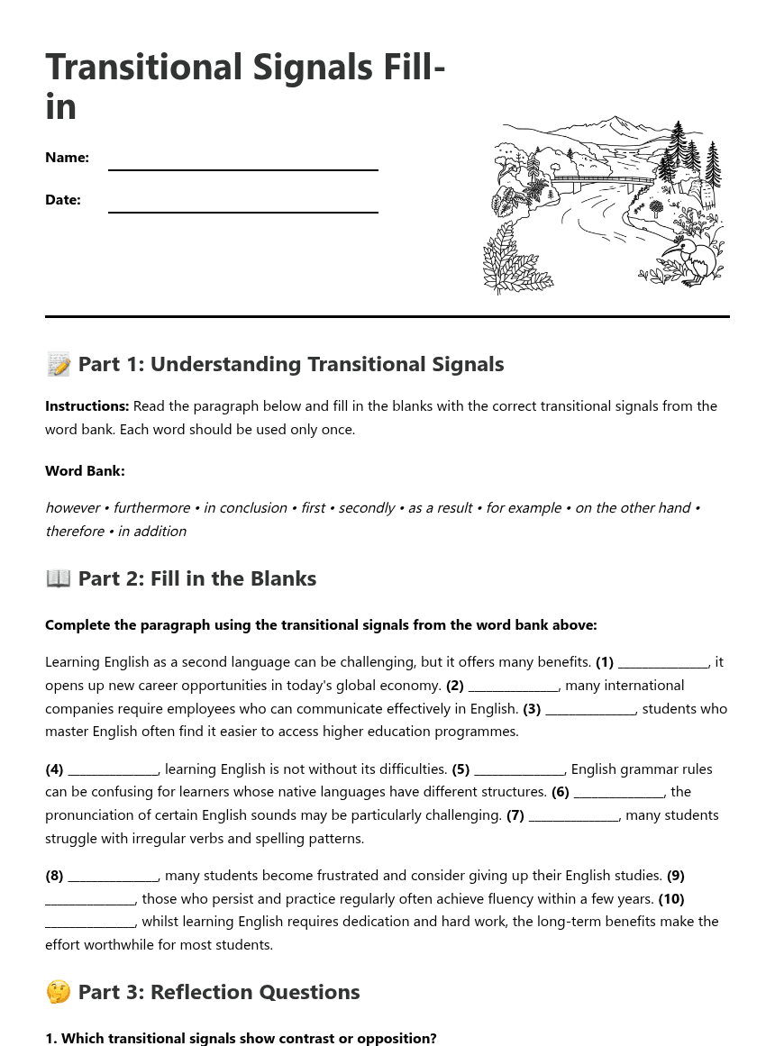 Transitional Signals Fill-in worksheet preview