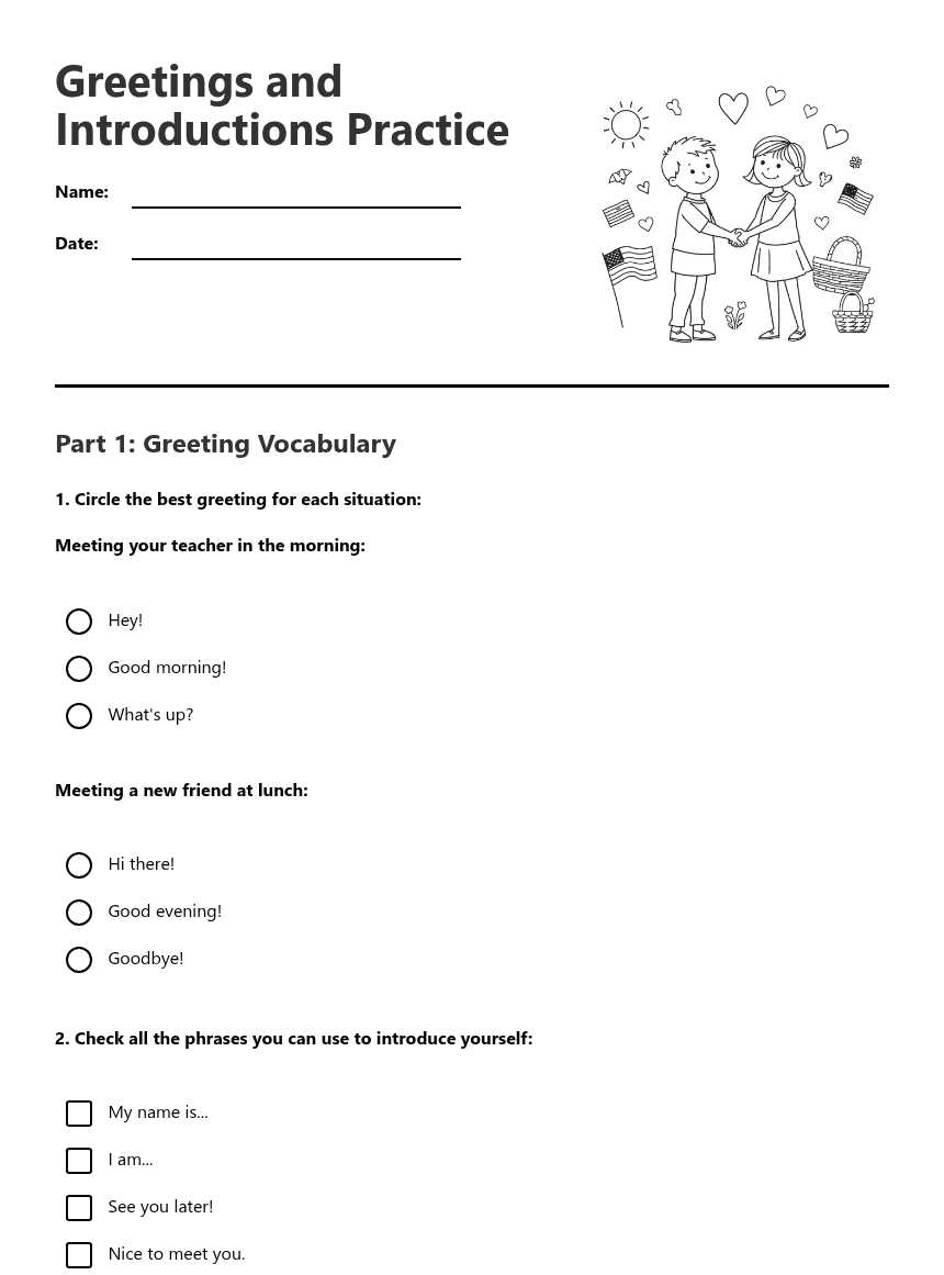 Greetings and Introductions Practice worksheet preview