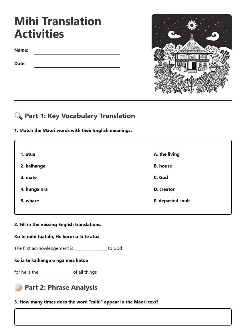 Mihi Translation Activities worksheet preview