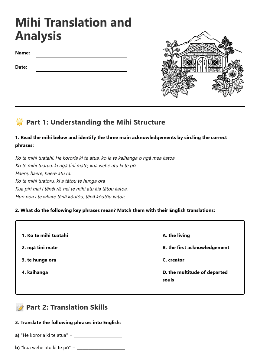 Mihi Translation and Analysis worksheet preview