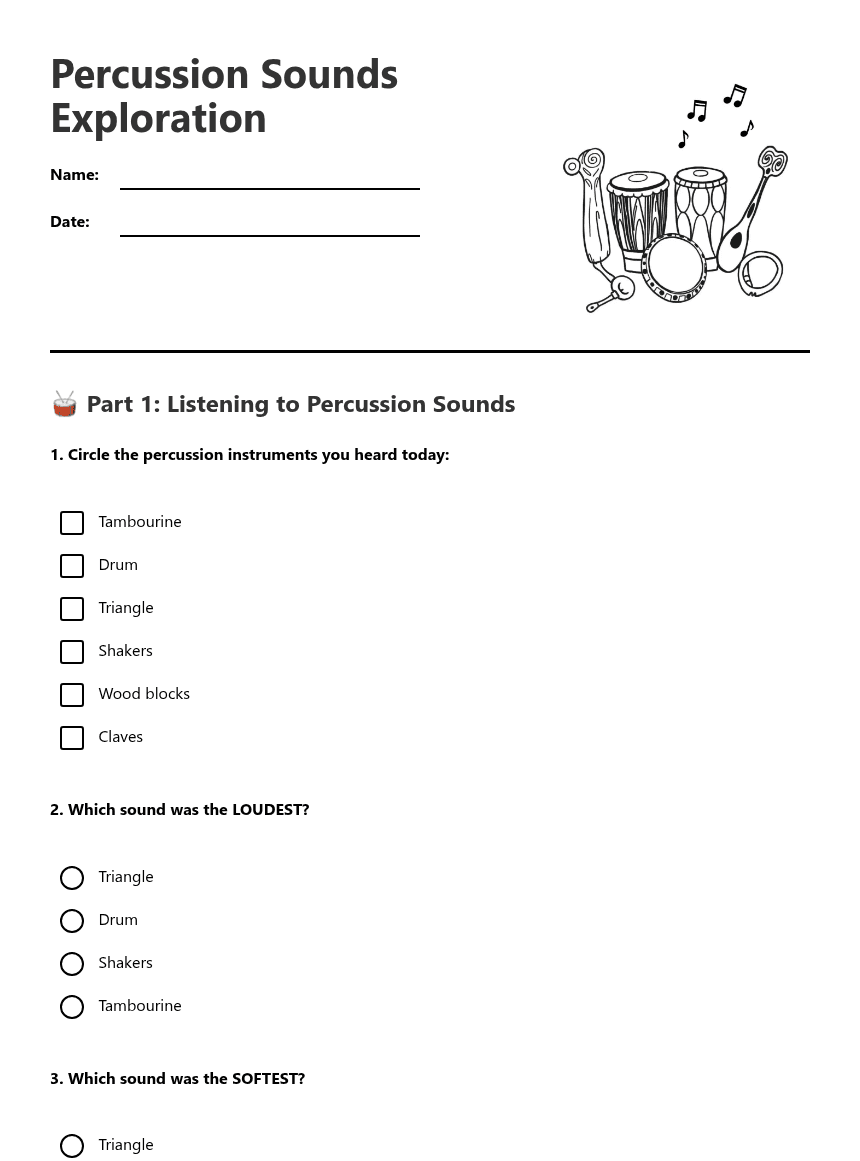 Percussion Sounds Exploration worksheet preview