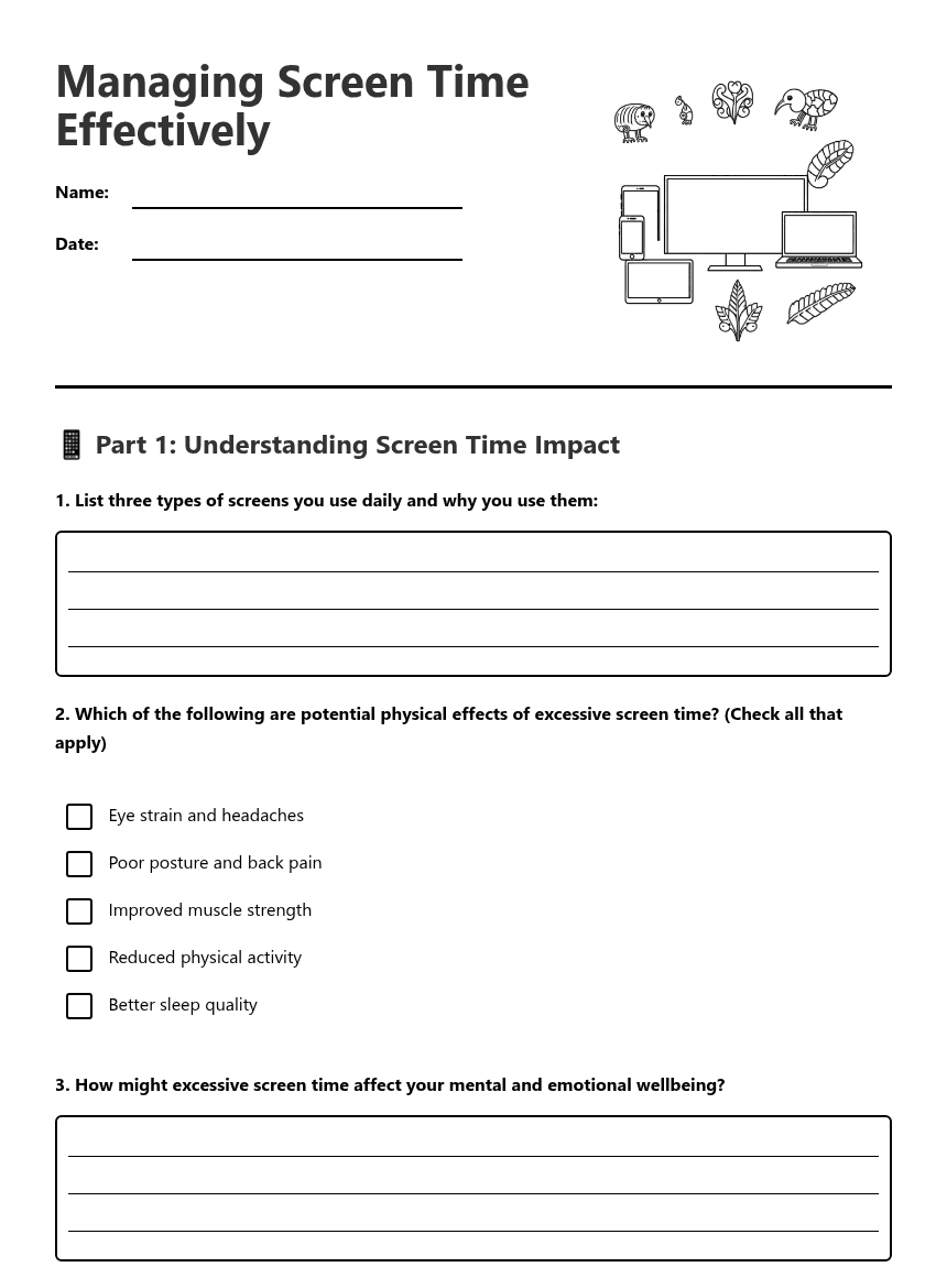 Managing Screen Time Effectively worksheet preview