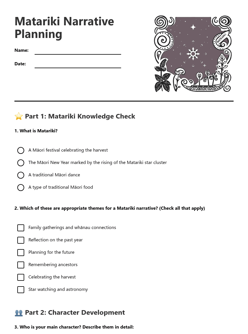 Matariki Narrative Planning worksheet preview