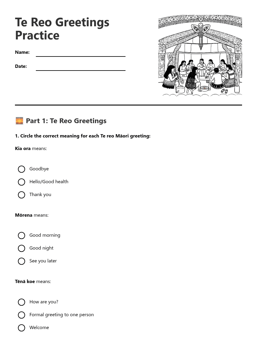 Te Reo Greetings Practice worksheet preview