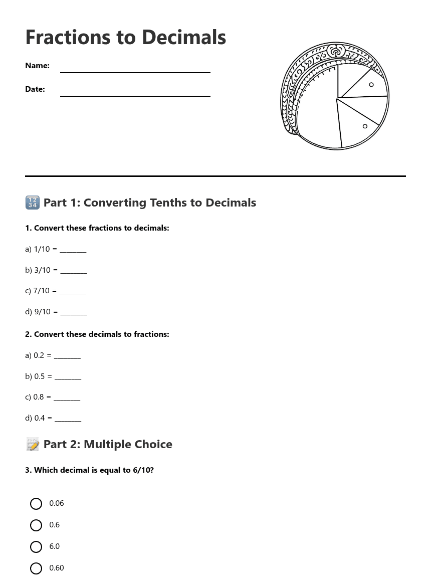 Fractions to Decimals worksheet preview