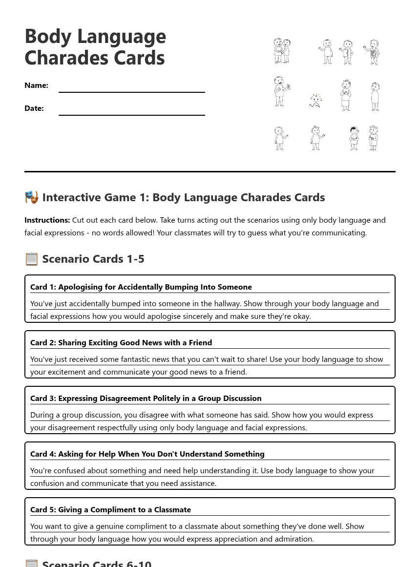 Body Language Charades Cards worksheet preview