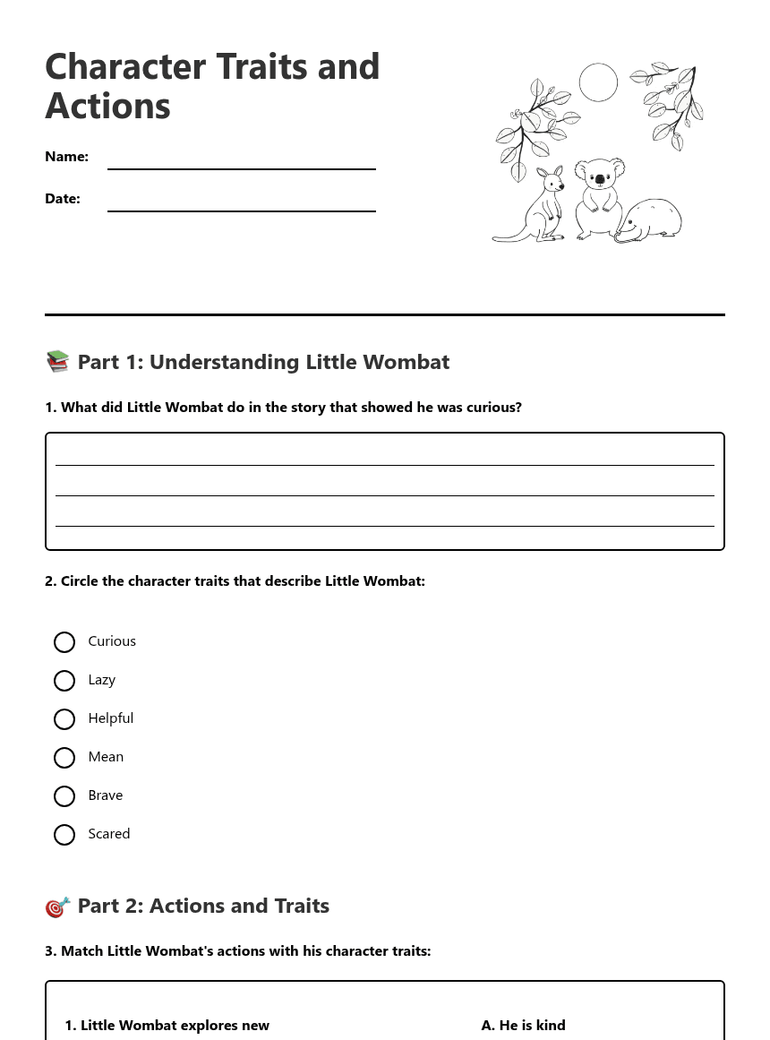 Character Traits and Actions worksheet preview