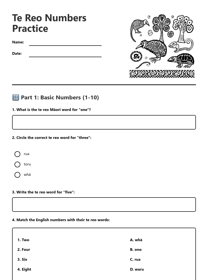 Te Reo Numbers Practice worksheet preview