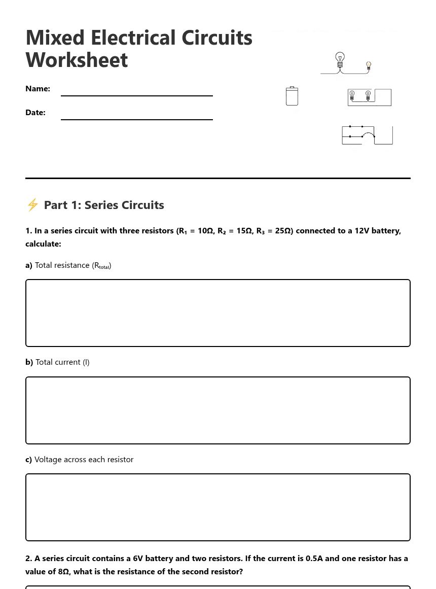 Mixed Electrical Circuits Worksheet worksheet preview
