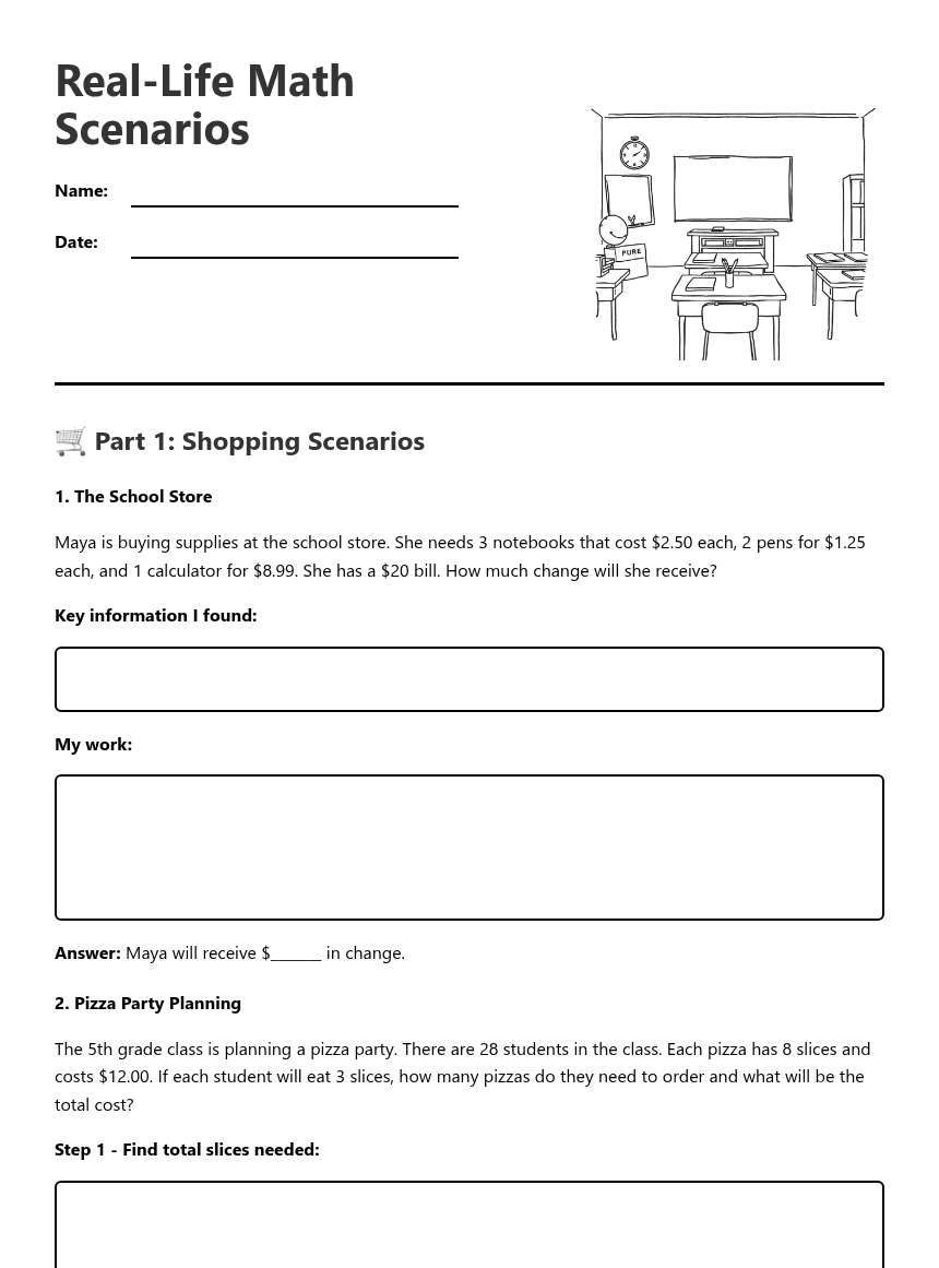 Real-Life Math Scenarios worksheet preview