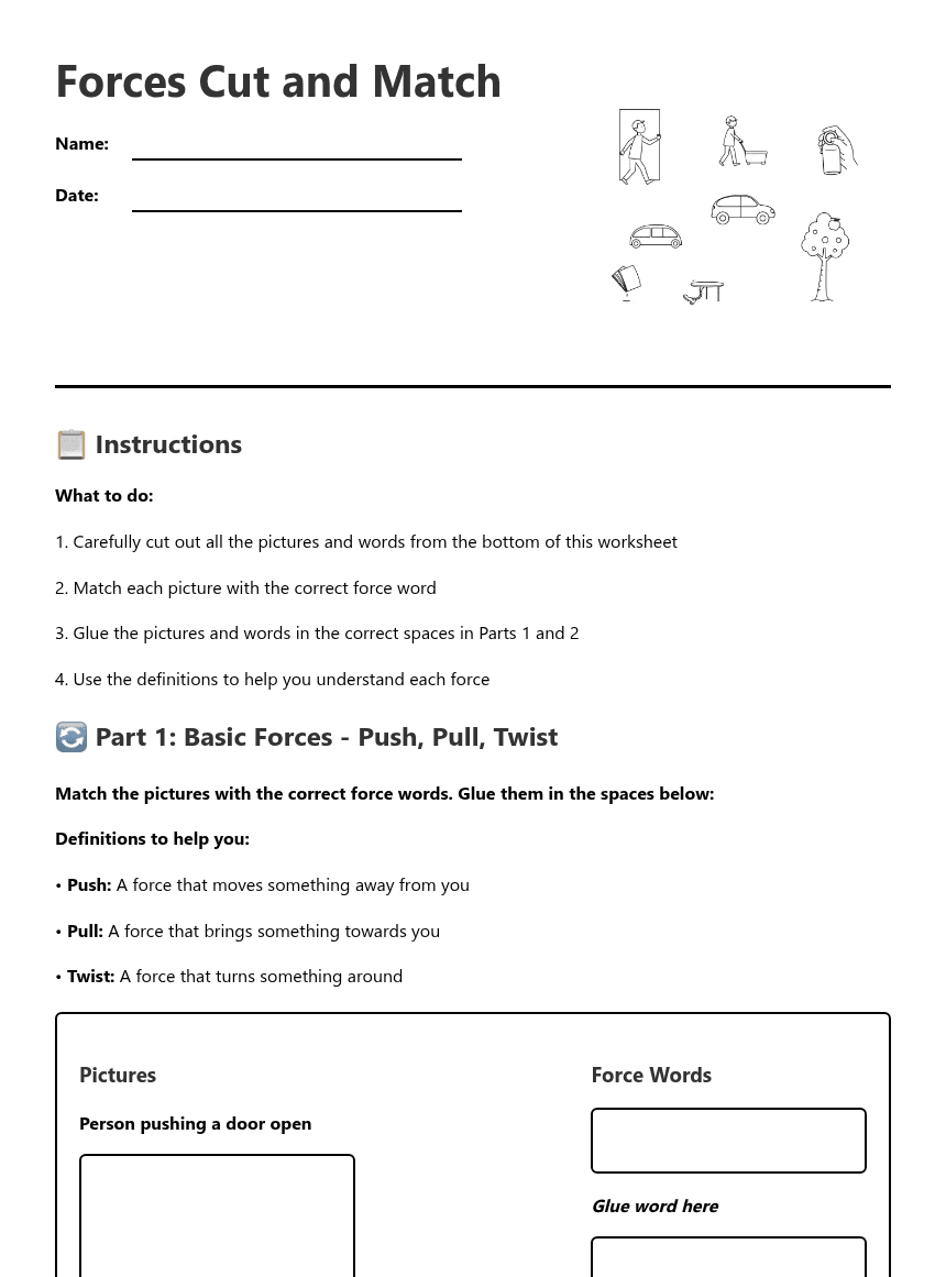 Forces Cut and Match worksheet preview