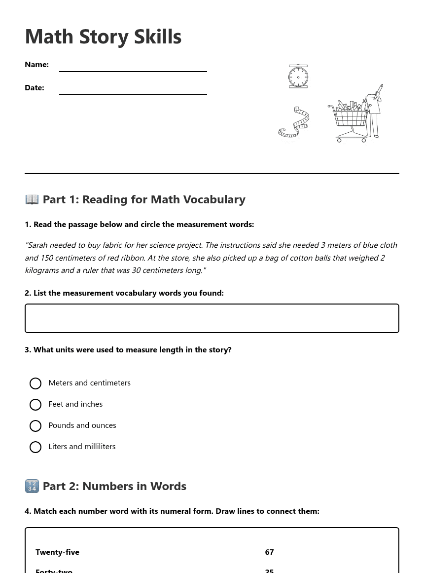 Math Story Skills worksheet preview