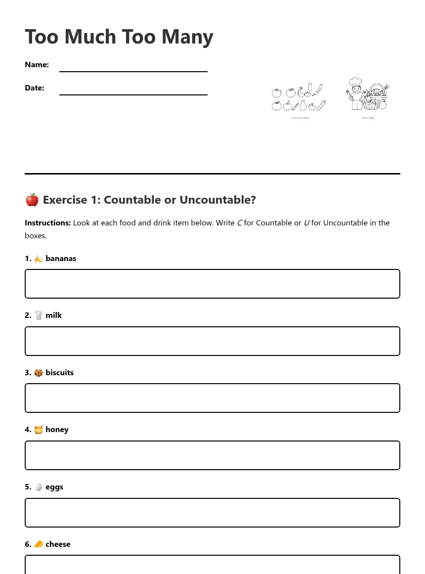 Too Much Too Many worksheet preview