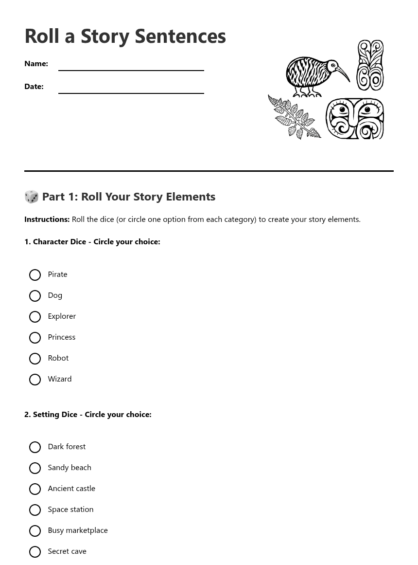 Roll a Story Sentences worksheet preview