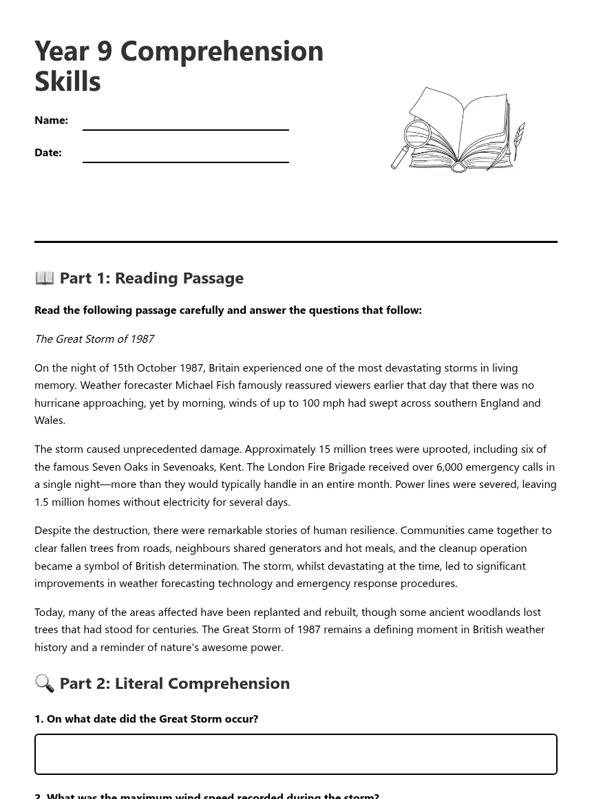 Year 9 Comprehension Skills worksheet preview