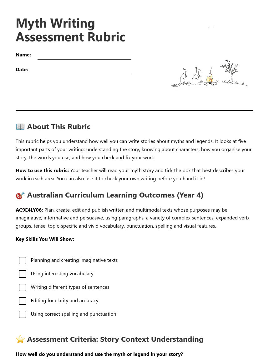 Myth Writing Assessment Rubric worksheet preview
