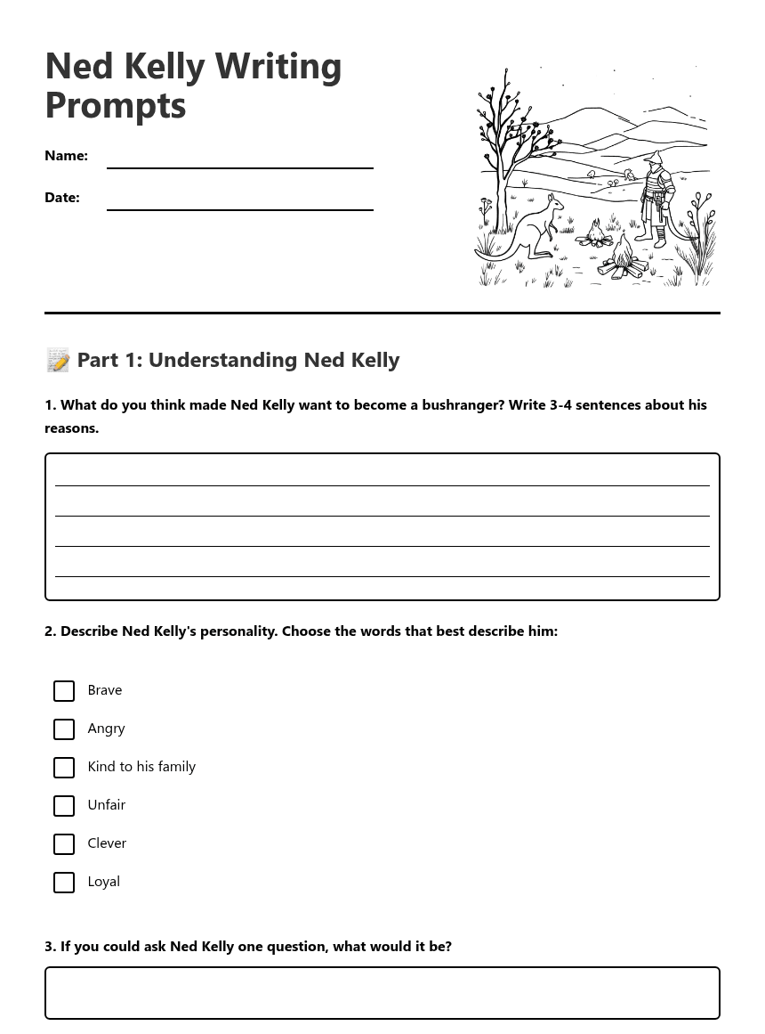 Ned Kelly Writing Prompts worksheet preview