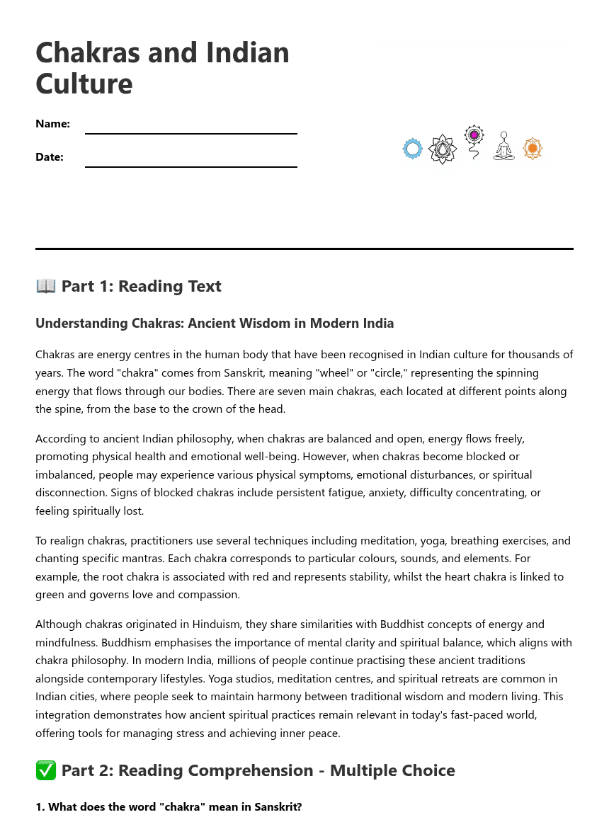 Chakras and Indian Culture worksheet preview