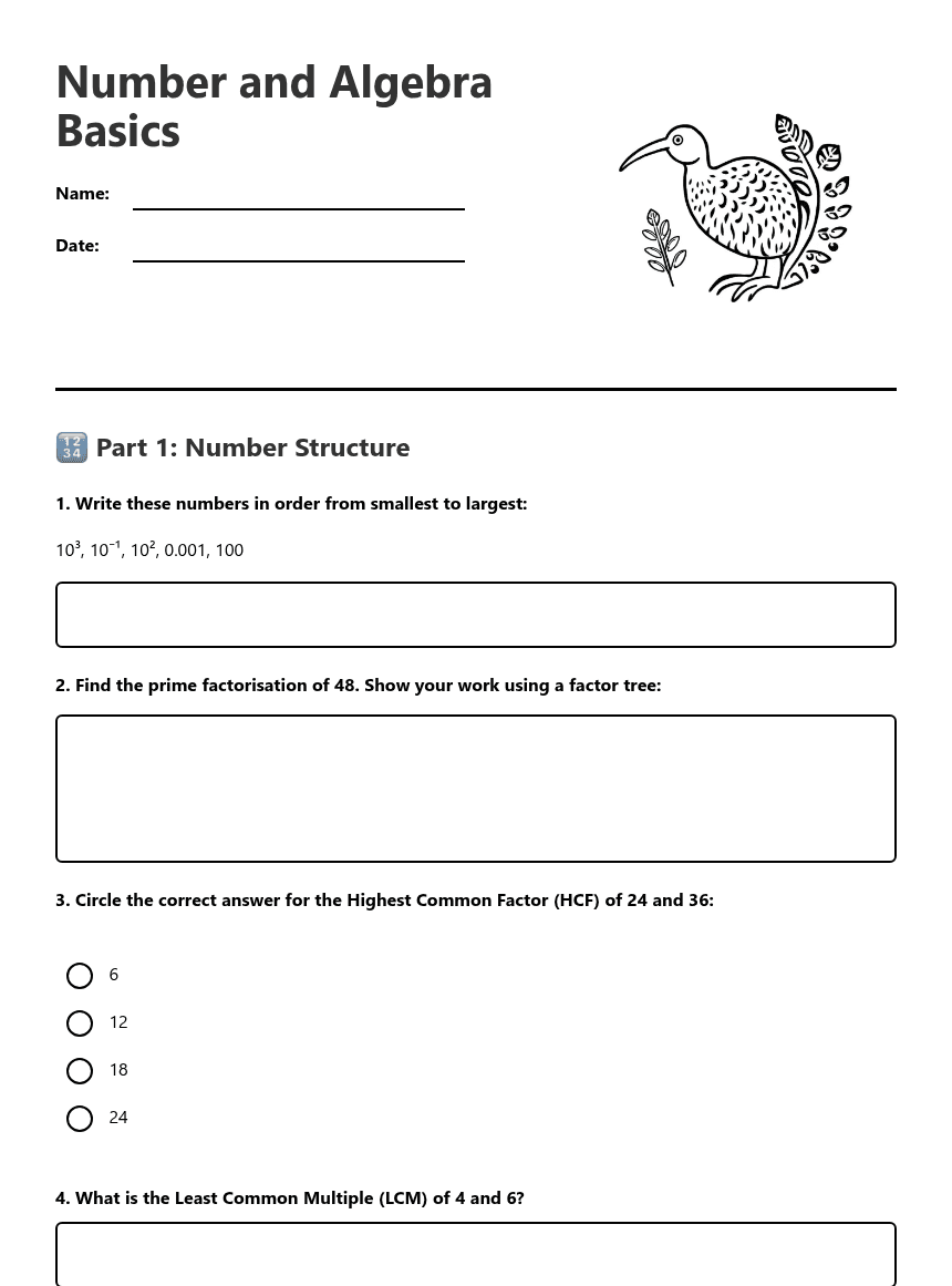 Number and Algebra Basics worksheet preview
