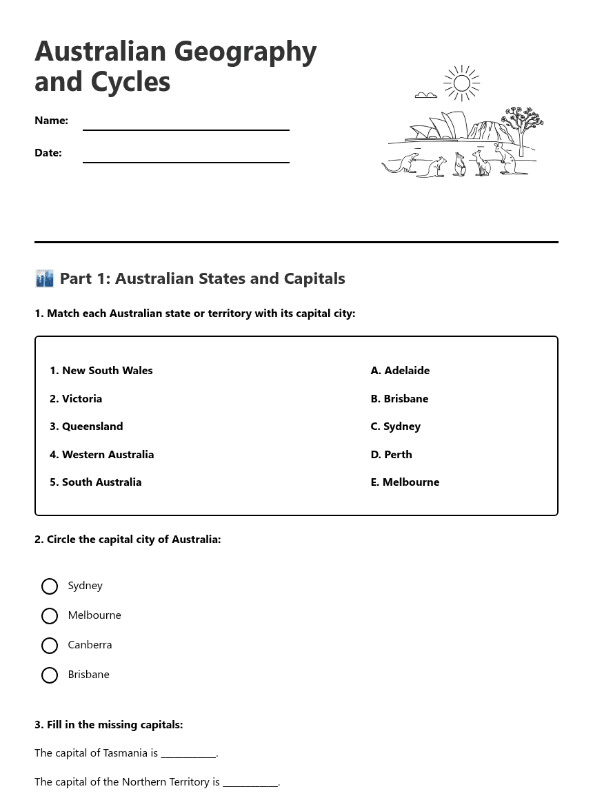 Australian Geography and Cycles worksheet preview
