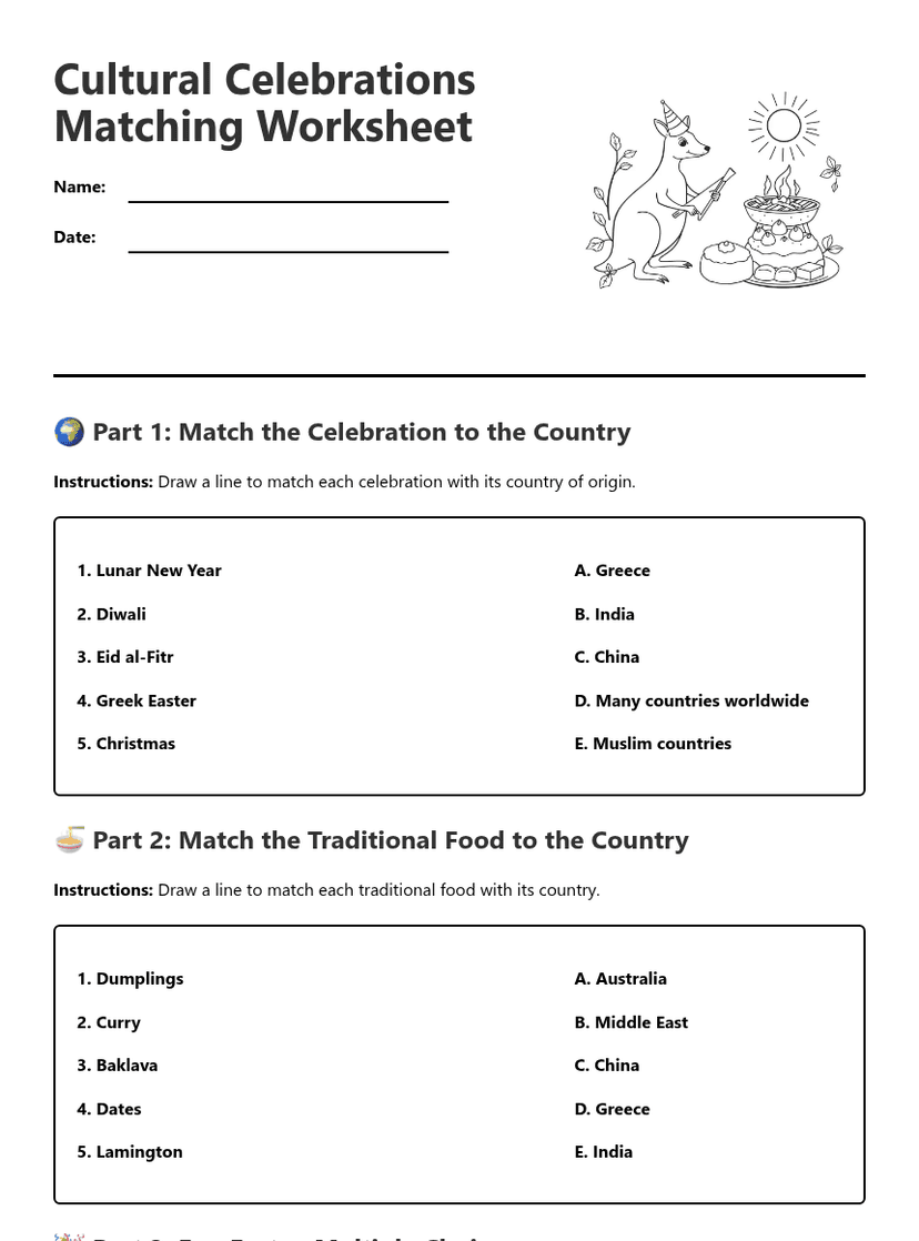 Cultural Celebrations Matching Worksheet